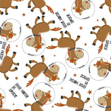 Seamless pattern of funny horse astronaut in space with cartoon style. Stock Illustration