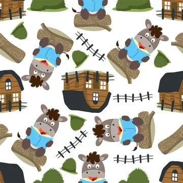 Seamless pattern of funny horse sit on tree trunk reading a book. Stock Illustration