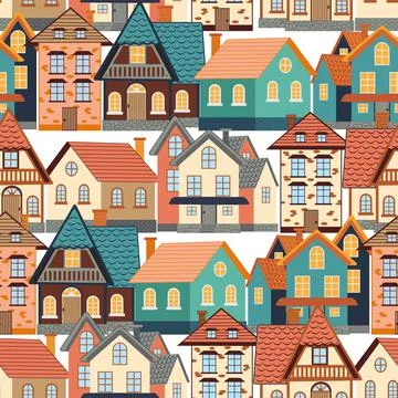 Seamless pattern of funny houses. Densely populated city. Ilustración de archivo