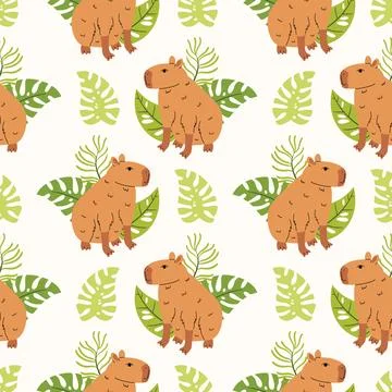 Seamless pattern with funny kawaii capybara and tropical leaf in cartoon fl.. Stock Illustration