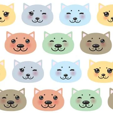 Seamless pattern funny Kawaii cat face with pink cheeks, pastel colors blue p Stock Illustration