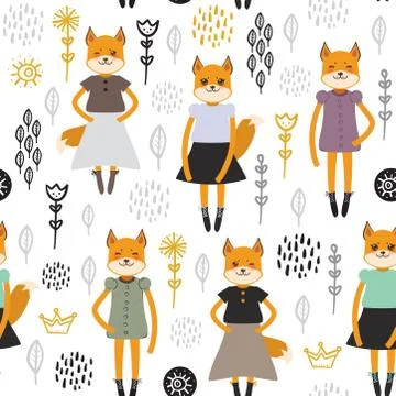 Seamless pattern funny Kawaii fox girl in dress, cartoon flowers green lilac  Stock Illustration