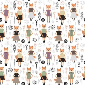 Seamless pattern funny Kawaii fox girl in dress, cartoon flowers green lilac  Illustrazione stock