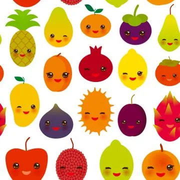 Seamless pattern funny kawaii fruit Pear Mangosteen tangerine pineapple papay Stock Illustration