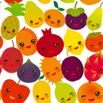 Seamless pattern funny kawaii fruit Pear Mangosteen tangerine pineapple papay Ilustración de archivo