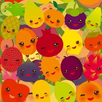 Seamless pattern funny kawaii fruit Pear Mangosteen tangerine pineapple papay Ilustración de archivo