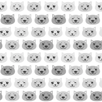 Seamless pattern funny Kawaii grey cat face, pastel colors isolated on white  Stock Illustration