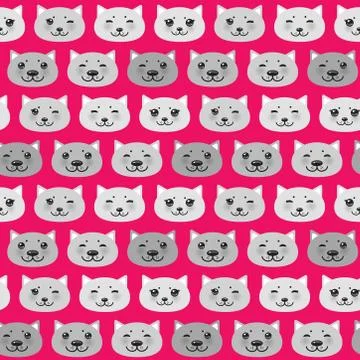 Seamless pattern funny Kawaii grey cat face, pastel colors on pink background Stock Illustration