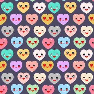 Seamless pattern Funny Kawaii heart pink, yellow, lilac, orange, green, on Gr Stock Illustration