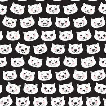 Seamless pattern funny Kawaii white cat face with pink cheeks, black backgrou Stock Illustration