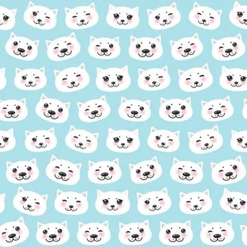 Seamless pattern funny Kawaii white cat face with pink cheeks, pastel colors  Stock Illustration