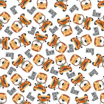 Seamless pattern of funny lion driving the blue car Stock Illustration