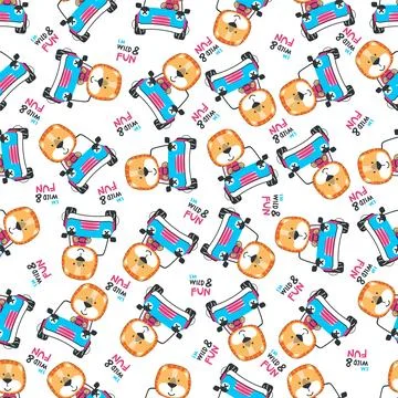 Seamless pattern of funny lion driving the red car. Can be used for t-shirt.. Stock Illustration