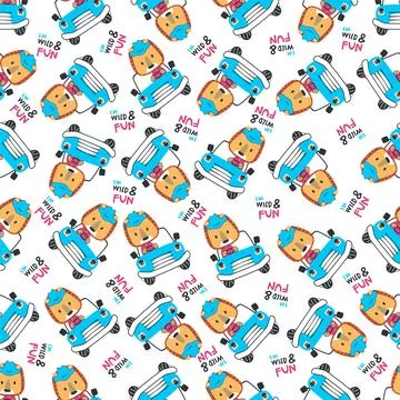 Seamless pattern of funny lion driving the blue car. Stock Illustration