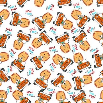 Seamless pattern of funny lion driving the red car. Stock Illustration