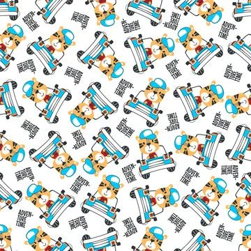Seamless pattern of funny lion driving the blue car. Stock Illustration