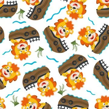 Seamless pattern of funny lion on little boat with cartoon style. Stock Illustration