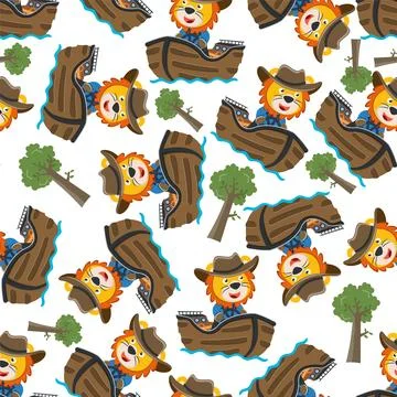 Seamless pattern of funny lion on little boat with cartoon style. Stock Illustration