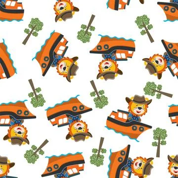 Seamless pattern of funny lion on little boat with cartoon style. Stock Illustration