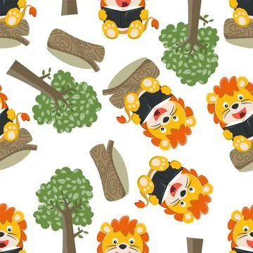 Seamless pattern of funny lion sit on tree trunk reading a book. Stock Illustration