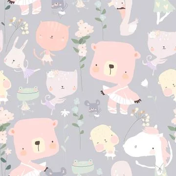 Seamless pattern with funny little animals ballerinas Stock Illustration