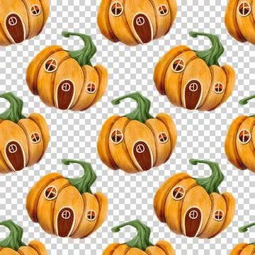 Seamless pattern with funny little pumpkin house. Hand drawn watercolor Stock Illustration