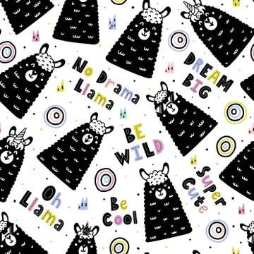 Seamless pattern with funny llamas and hand drawn text Stock Illustration