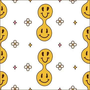 Seamless pattern with funny melt smile faces. Smile hippie emoticons with daisy Stock Illustration