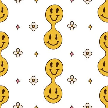 Seamless pattern with funny melt smile faces. Smile hippie emoticons with daisy Stock Illustration