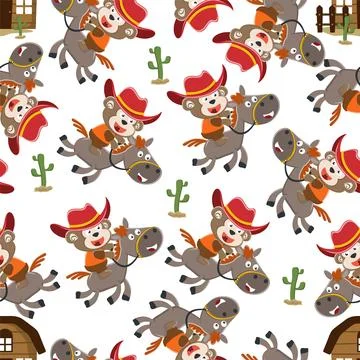 Seamless pattern of funny monkey the cowboy riding a brown horse Stock Illustration