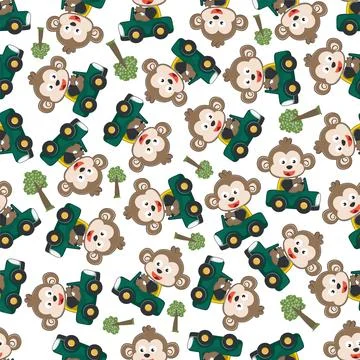 Seamless pattern of funny monkey driving car in the road Stock Illustration