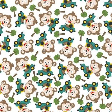 Seamless pattern of funny monkey driving car in the road. Stock Illustration