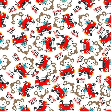 Seamless pattern of funny monkey driving the blue car. Stock Illustration