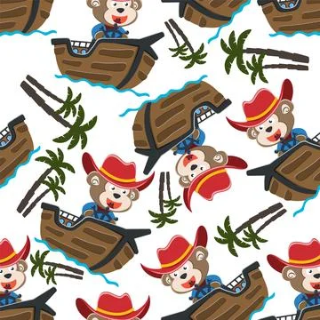 Seamless pattern of funny monkey on little boat with cartoon style. Stockillustratie