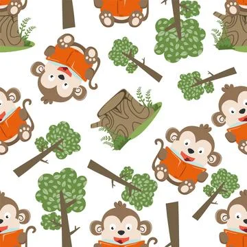 Seamless pattern of funny monkey sit on tree trunk reading a book. Stock Illustration