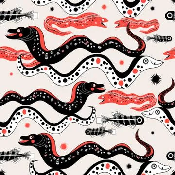 Seamless pattern with funny Moray eels Stock Illustration