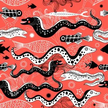 Seamless pattern with  funny Moray eels Stock Illustration