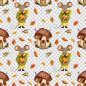 Seamless pattern with a funny mushroom house and a cute mouse with a pumpkin. Stock Illustration