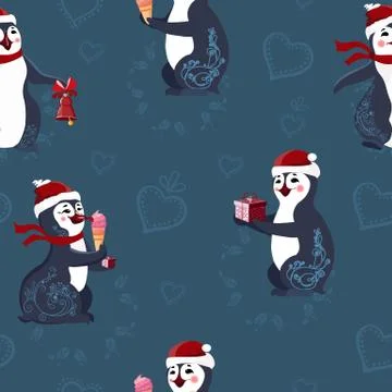 Seamless pattern with funny penguins. The set includes a gift box, lollipop.  Stock Illustration