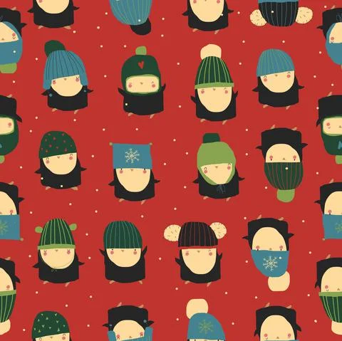 Seamless Pattern with Funny Penguins wearing Cute Hats Stock Illustration