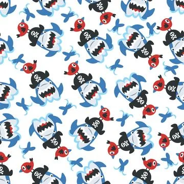 Seamless pattern of funny pirate shark cartoon with little friends under th.. Stock Illustration