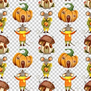 Seamless pattern with a funny pumpkin house and a mouse in autumn clothes. Stock Illustration