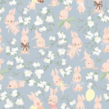 Seamless Pattern with Funny Rabbits and Cherry Blossom Stock Illustration