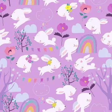 Seamless Pattern with Funny Rabbits, Blossom Trees and Rainbow Stock Illustration