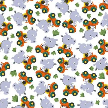 Seamless pattern of funny rhino driving car in the road. Stock Illustration
