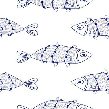 Seamless Pattern of funny Sardines wrapped in Christmas lights. Holiday fish  Stock Illustration