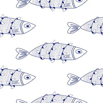 Seamless Pattern of funny Sardines wrapped in Christmas lights. Holiday fis.. Stock Illustration