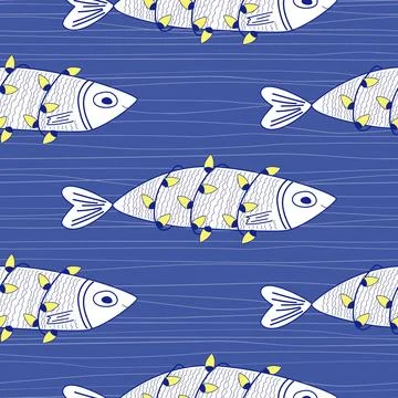 Seamless Pattern of funny Sardines wrapped in Christmas lights. Holiday fis.. Stock Illustration