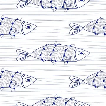 Seamless Pattern of funny Sardines wrapped in Christmas lights. Holiday fish  Stock Illustration