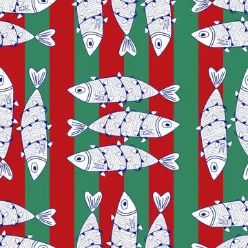 Seamless Pattern of funny Sardines wrapped in Christmas lights on red and gre Stock Illustration
